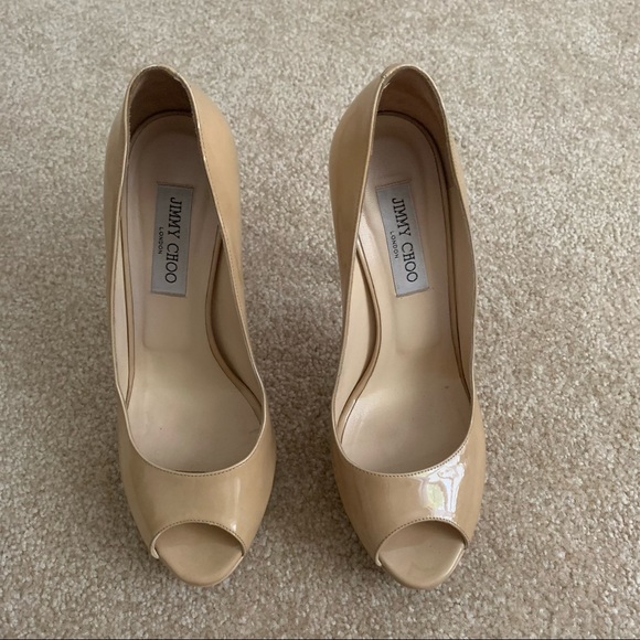 Jimmy Choo Patent Leather Nude Crown Open Toe Pump - Picture 5 of 9